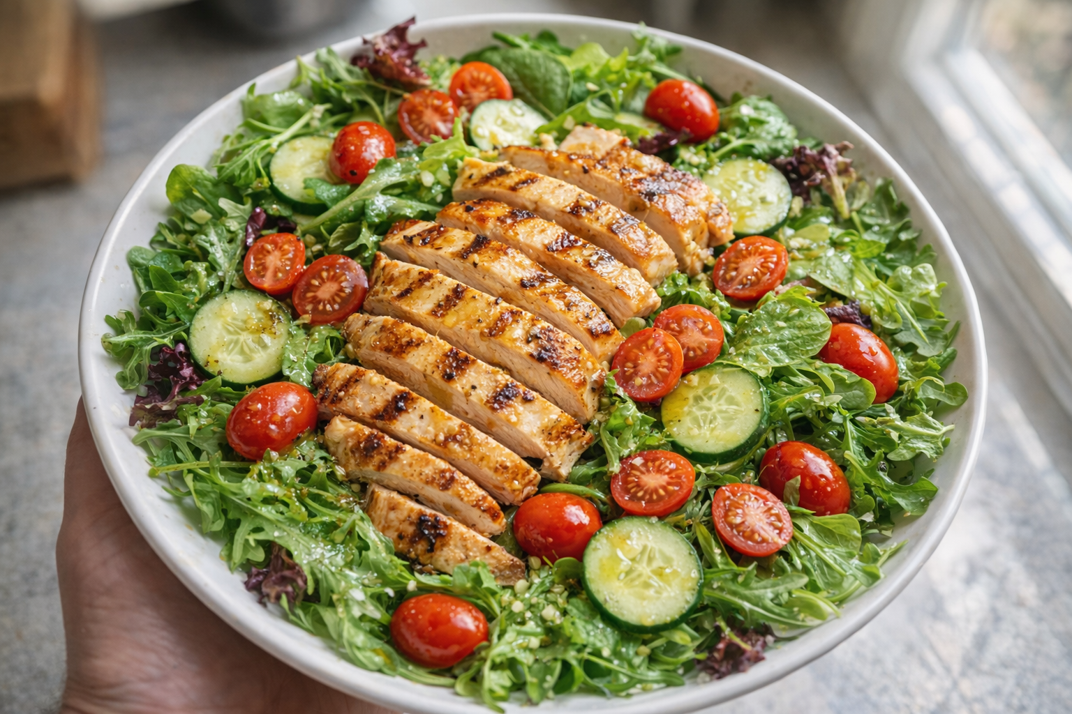 A top-down, bright studio shot of a vibrant grilled chicken salad with mixed greens, cherry tomatoes, cucumber, grilled chicken strips, and a light vinaigrette dressing drizzled on top